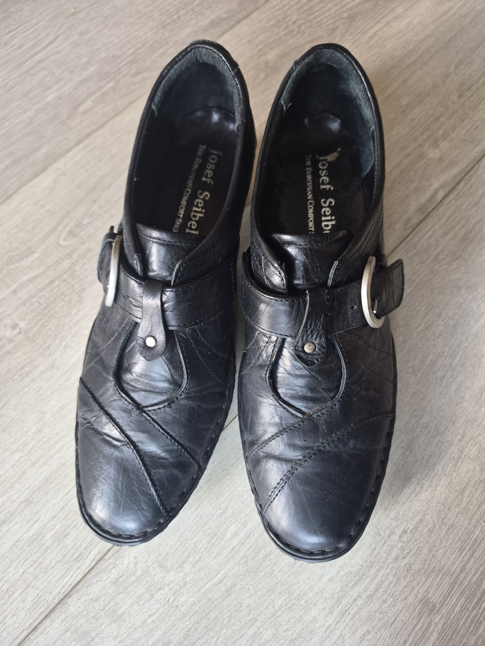 Josef Seibel Black Leather Slip-On Loafers with Buckle